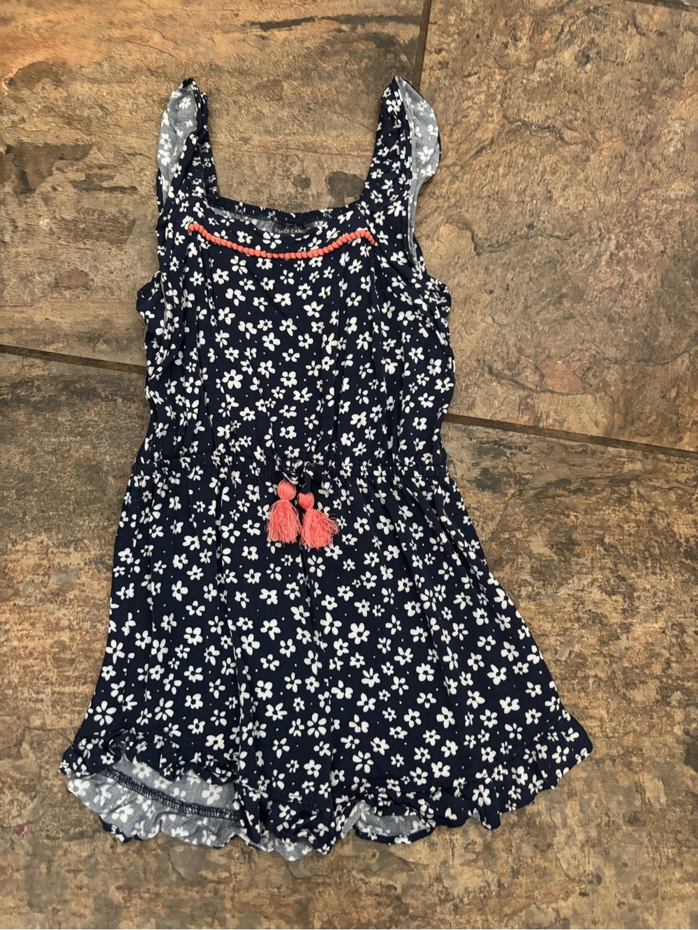 Vince Camuto Navy Floral Romper with Coral Tassels